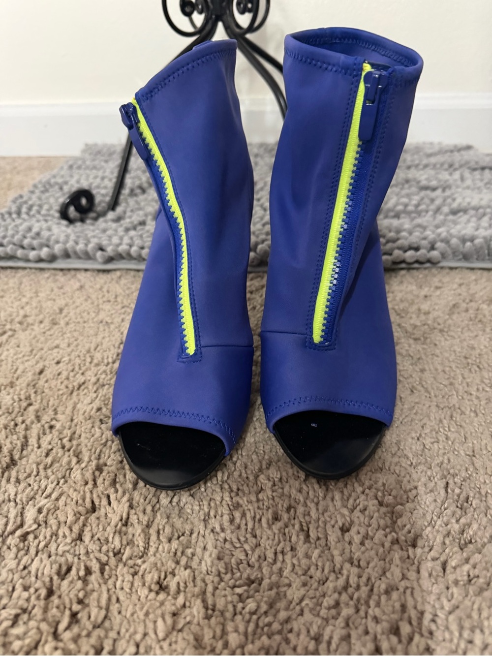 Aldo Royal Blue Peep-Toe Ankle Boots with Neon Yellow Zipper